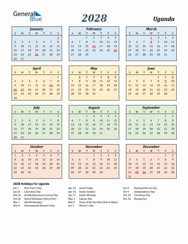 Uganda Calendar 2028 with Sunday Start