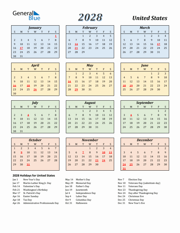United States Calendar 2028 with Sunday Start