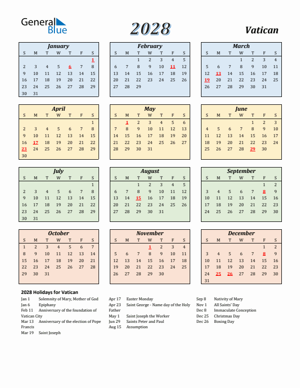 Vatican Calendar 2028 with Sunday Start