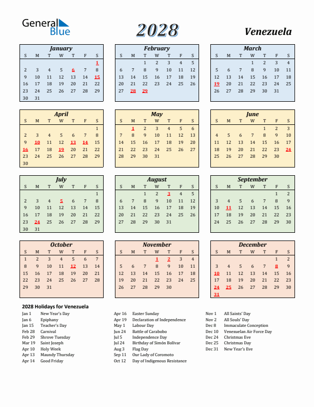 Venezuela Calendar 2028 with Sunday Start