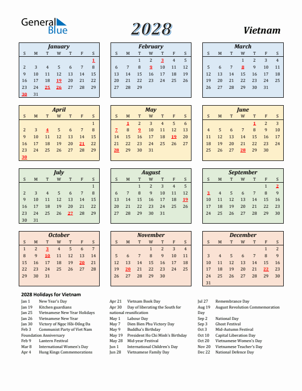 Vietnam Calendar 2028 with Sunday Start