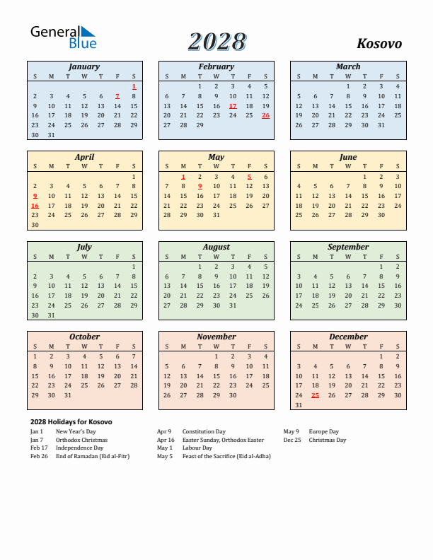 Kosovo Calendar 2028 with Sunday Start