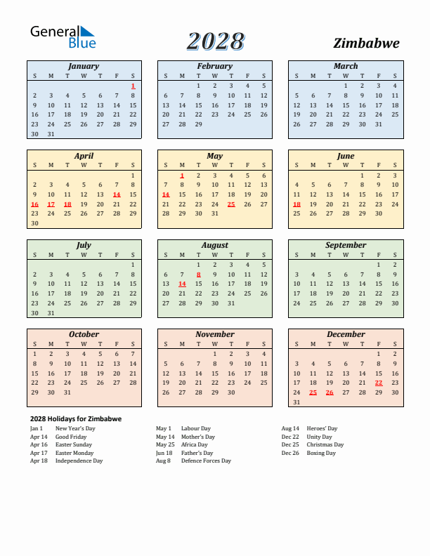 Zimbabwe Calendar 2028 with Sunday Start