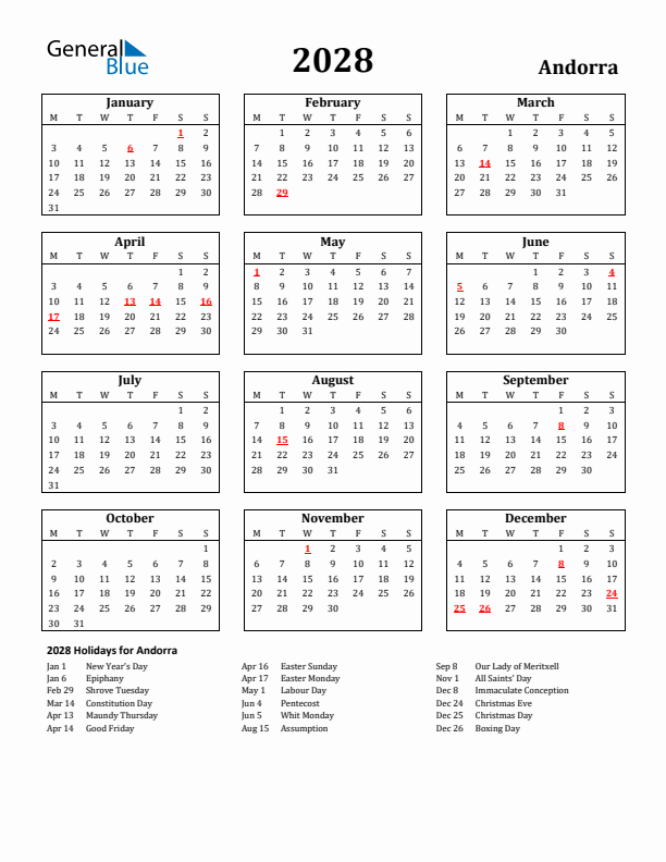2028 Andorra Holiday Calendar - Monday Start