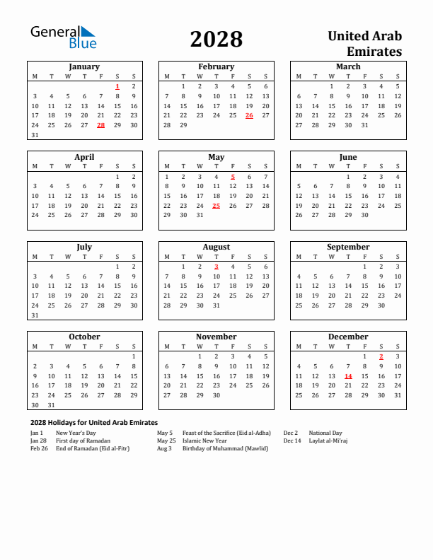 2028 United Arab Emirates Holiday Calendar - Monday Start