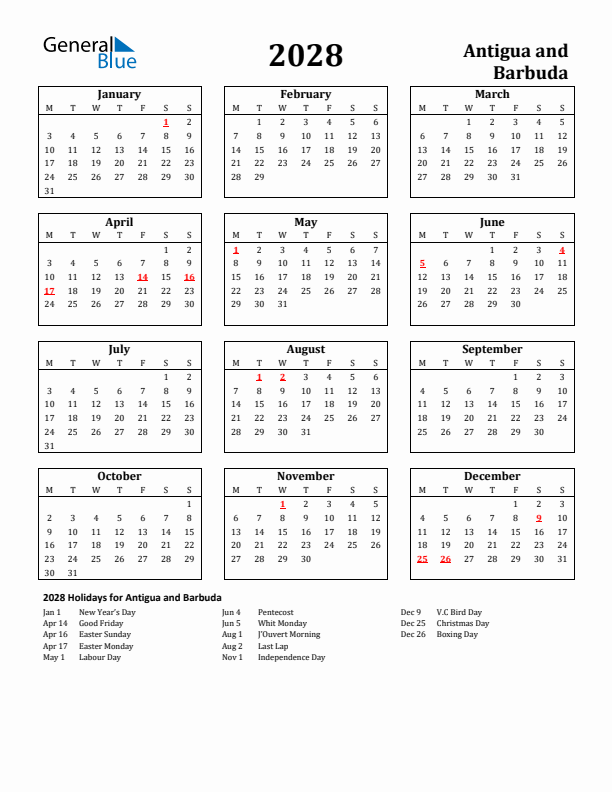 2028 Antigua and Barbuda Holiday Calendar - Monday Start