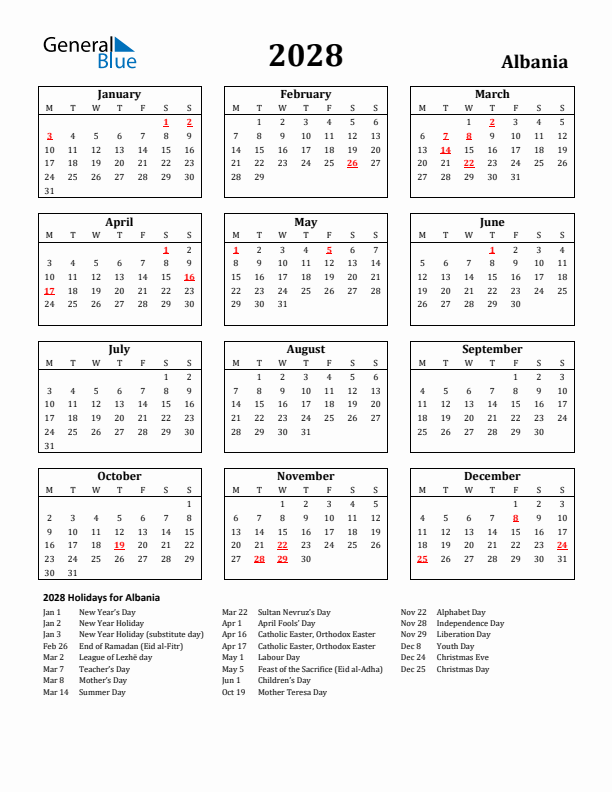 2028 Albania Holiday Calendar - Monday Start