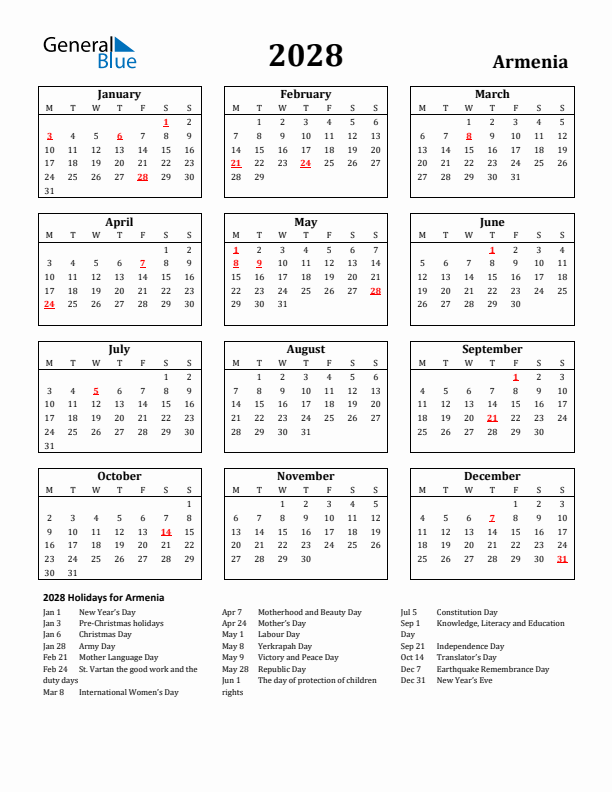 2028 Armenia Holiday Calendar - Monday Start