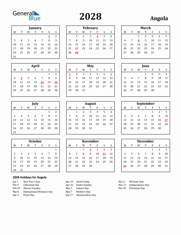 2028 Angola Holiday Calendar - Monday Start