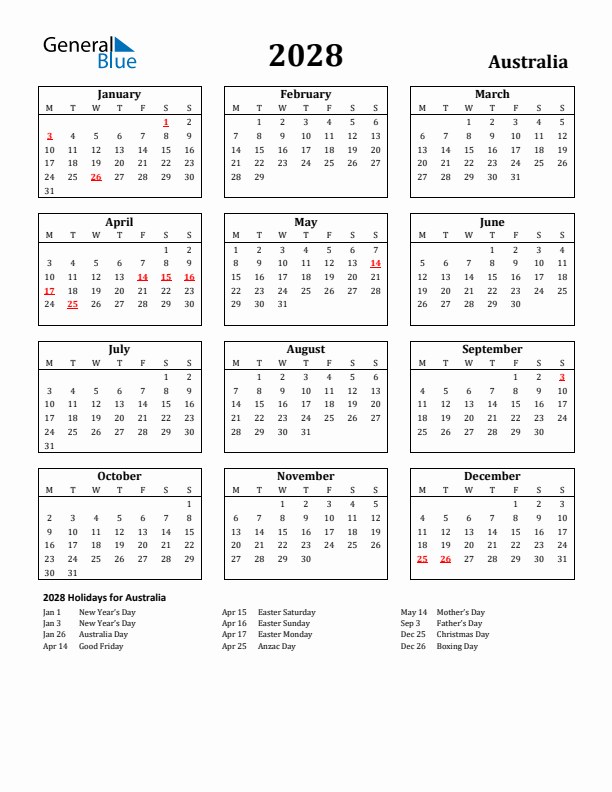 2028 Australia Holiday Calendar - Monday Start