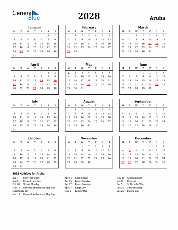 2028 Aruba Holiday Calendar - Monday Start