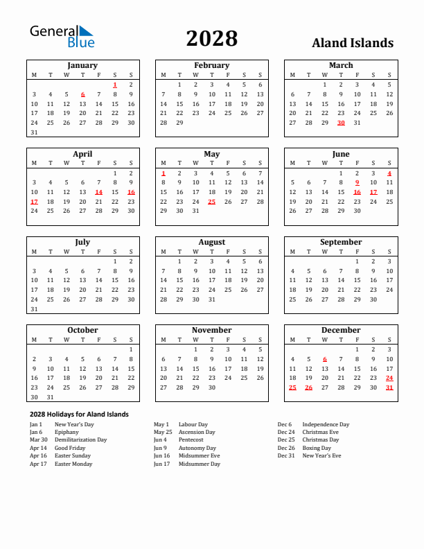 2028 Aland Islands Holiday Calendar - Monday Start