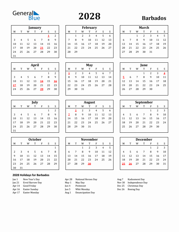 2028 Barbados Holiday Calendar - Monday Start
