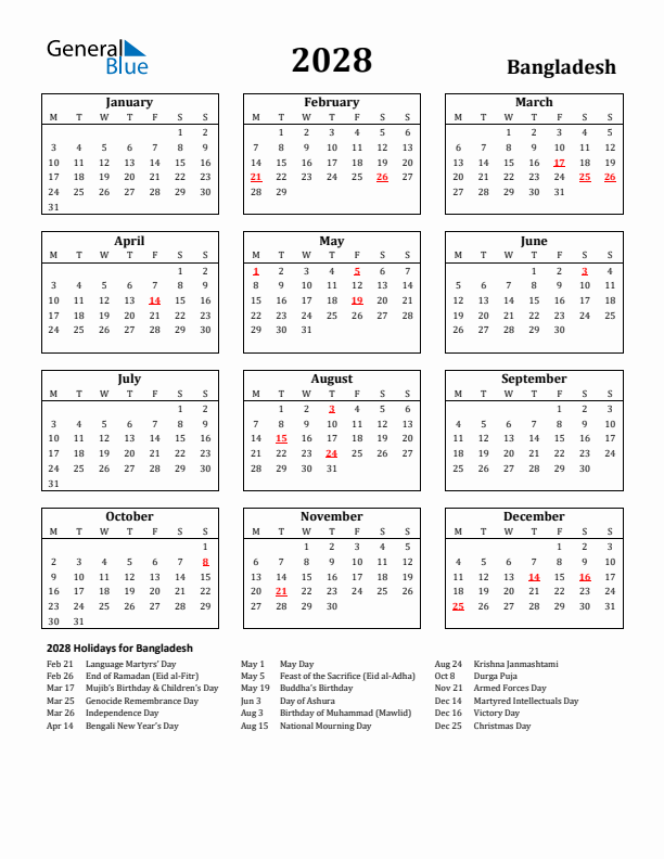 2028 Bangladesh Holiday Calendar - Monday Start