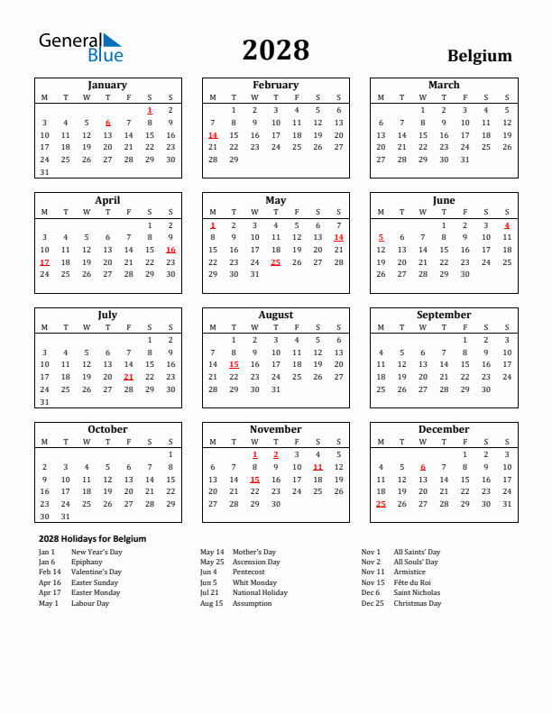2028 Belgium Holiday Calendar - Monday Start