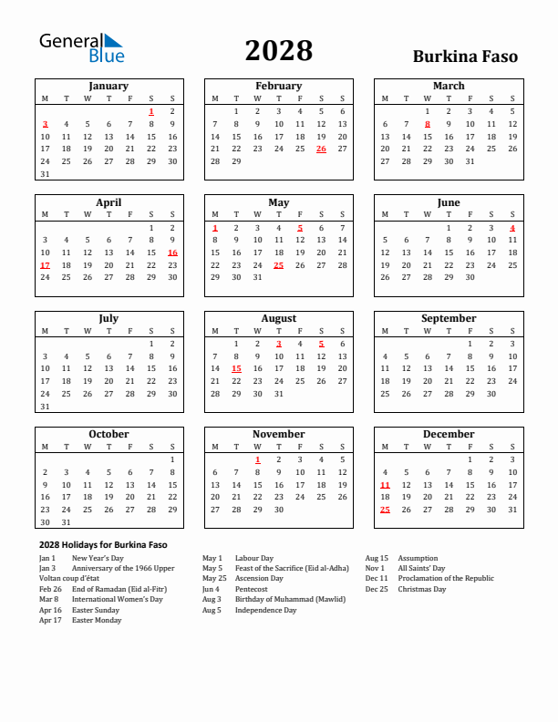 2028 Burkina Faso Holiday Calendar - Monday Start