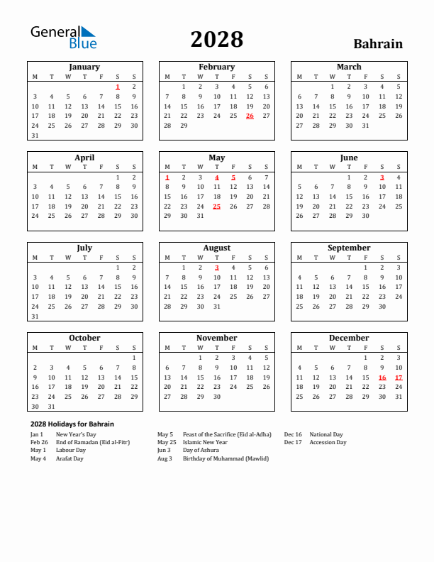 2028 Bahrain Holiday Calendar - Monday Start