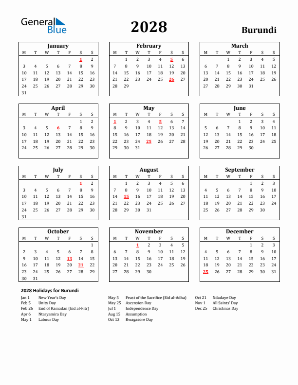 2028 Burundi Holiday Calendar - Monday Start