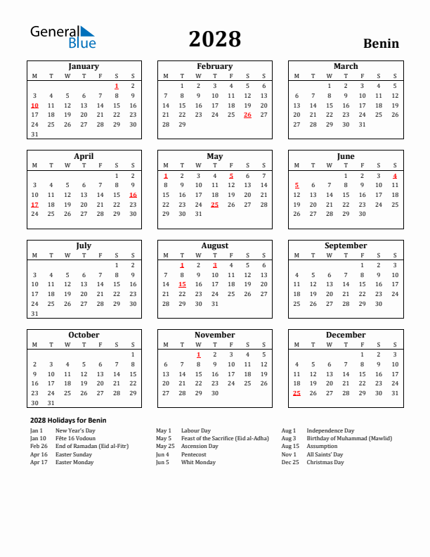 2028 Benin Holiday Calendar - Monday Start
