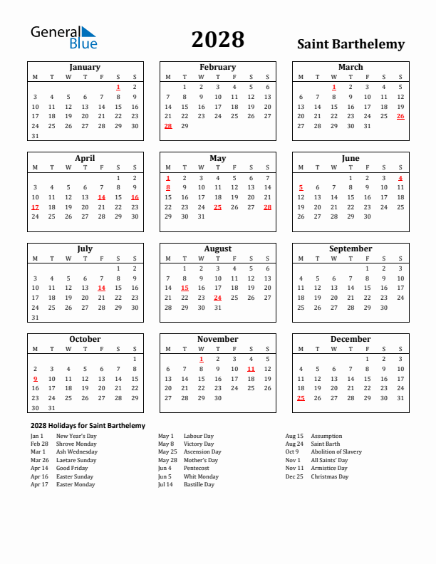 2028 Saint Barthelemy Holiday Calendar - Monday Start