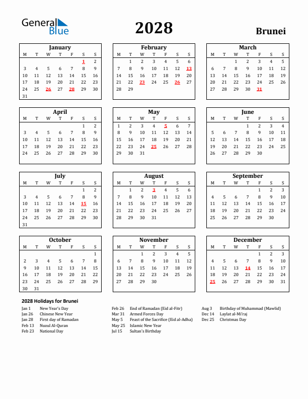 2028 Brunei Holiday Calendar - Monday Start