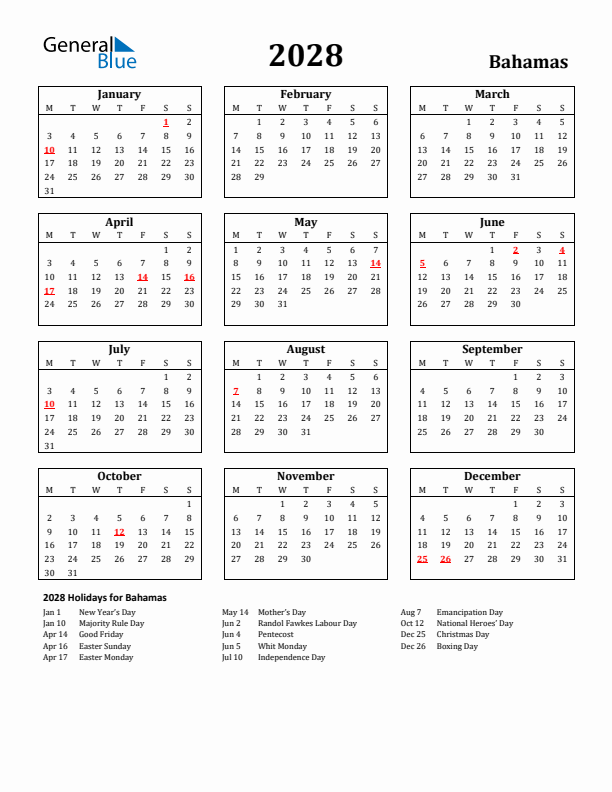 2028 Bahamas Holiday Calendar - Monday Start