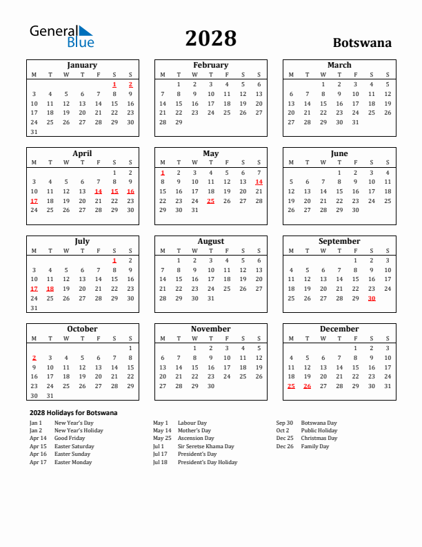 2028 Botswana Holiday Calendar - Monday Start