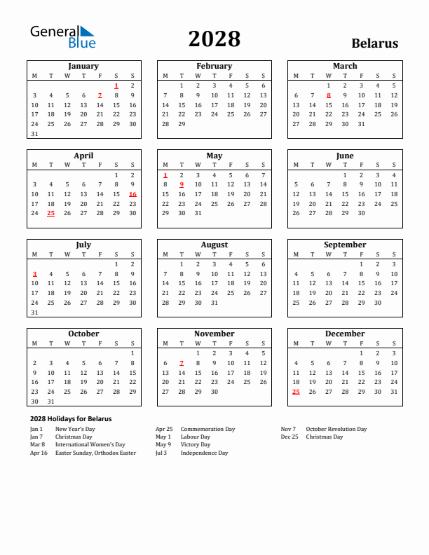 2028 Belarus Holiday Calendar - Monday Start