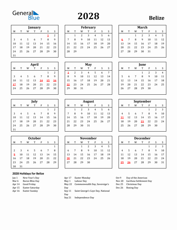 2028 Belize Holiday Calendar - Monday Start