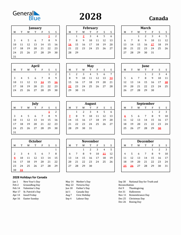 2028 Canada Holiday Calendar - Monday Start