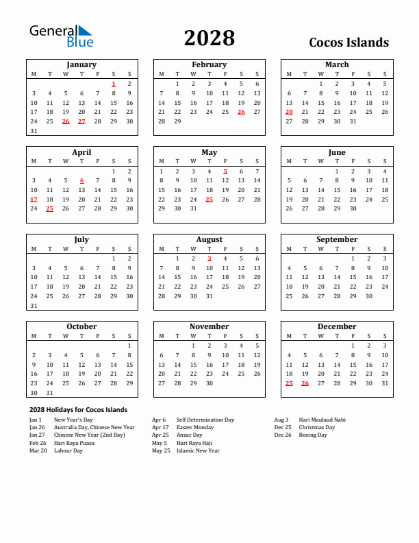 2028 Cocos Islands Holiday Calendar - Monday Start
