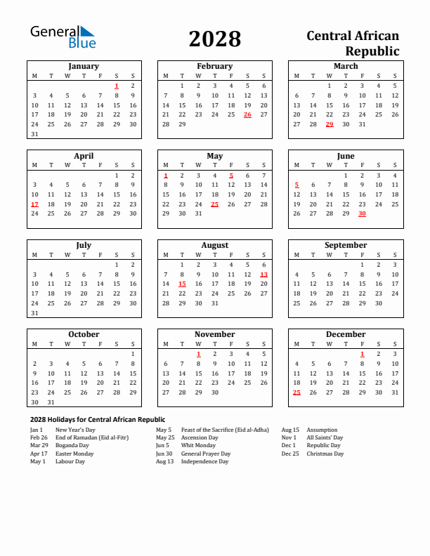 2028 Central African Republic Holiday Calendar - Monday Start