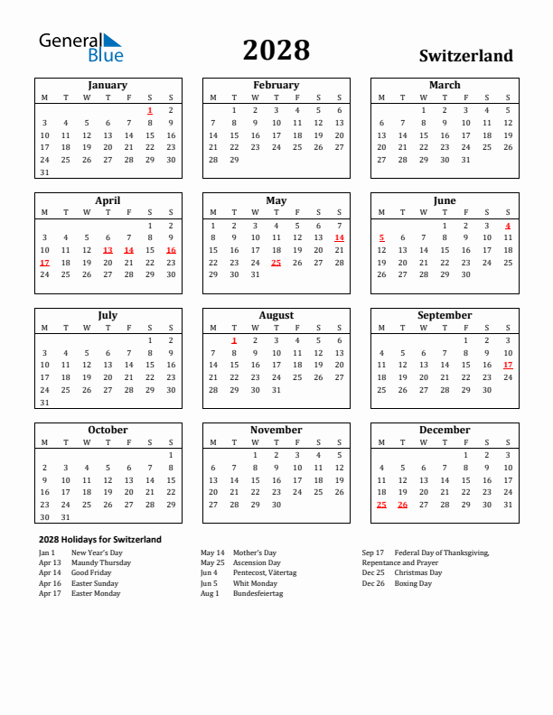 2028 Switzerland Holiday Calendar - Monday Start