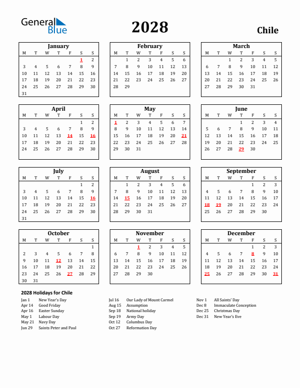 2028 Chile Holiday Calendar - Monday Start