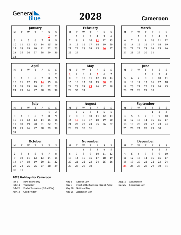 2028 Cameroon Holiday Calendar - Monday Start