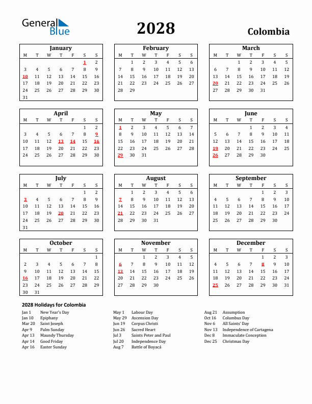 2028 Colombia Holiday Calendar - Monday Start