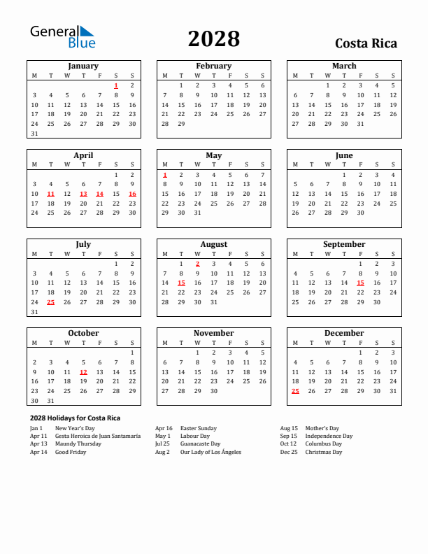 2028 Costa Rica Holiday Calendar - Monday Start
