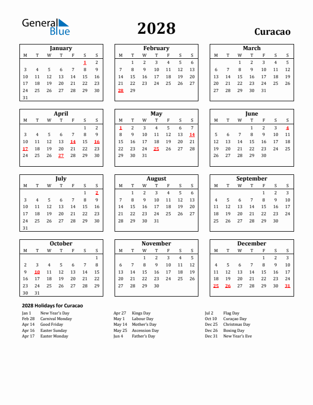 2028 Curacao Holiday Calendar - Monday Start