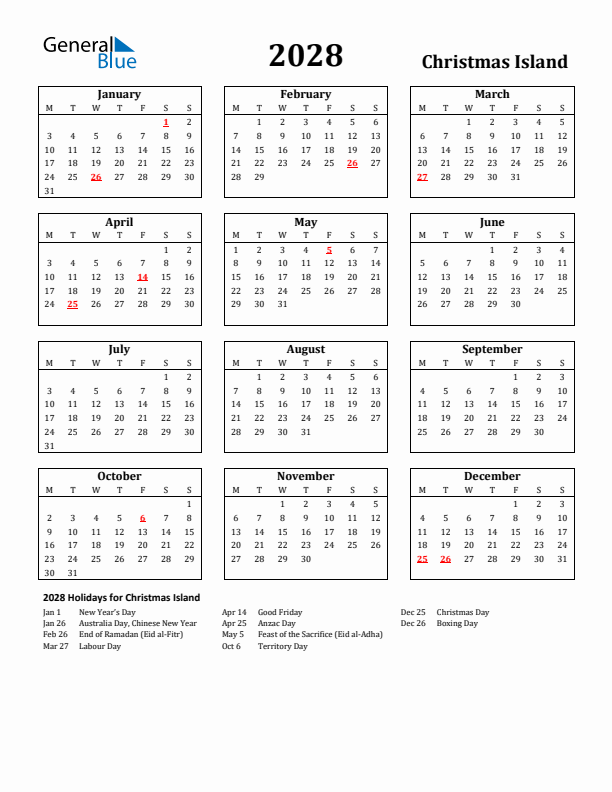 2028 Christmas Island Holiday Calendar - Monday Start