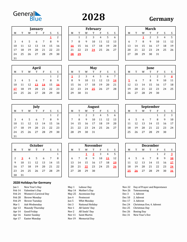 2028 Germany Holiday Calendar - Monday Start