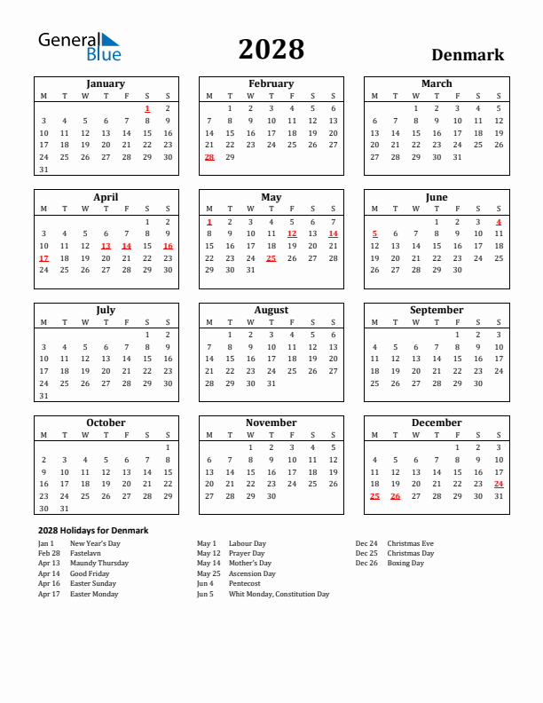 2028 Denmark Holiday Calendar - Monday Start