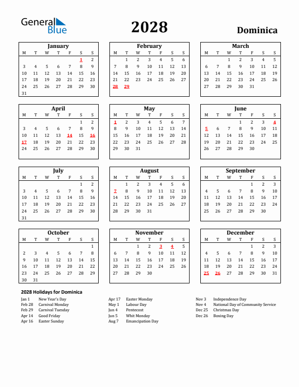 2028 Dominica Holiday Calendar - Monday Start