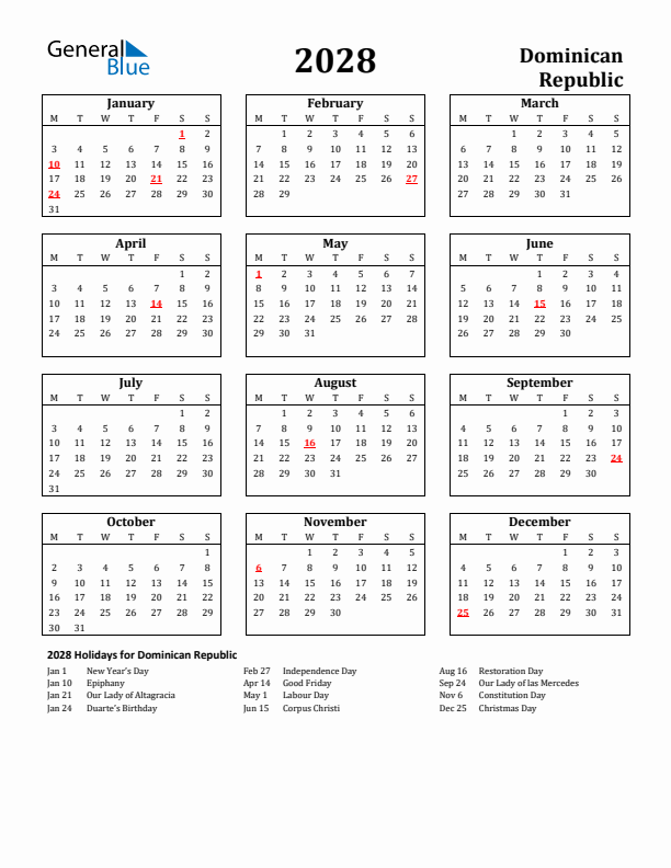 2028 Dominican Republic Holiday Calendar - Monday Start