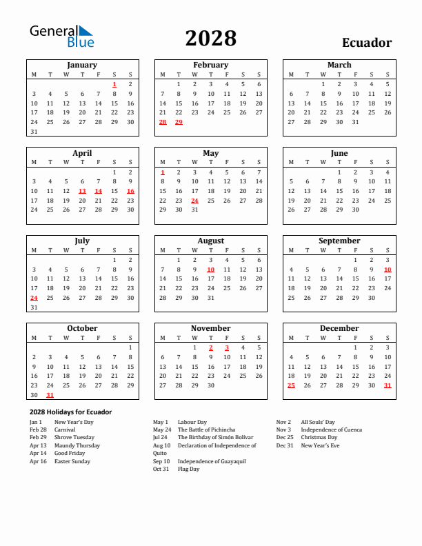 2028 Ecuador Holiday Calendar - Monday Start
