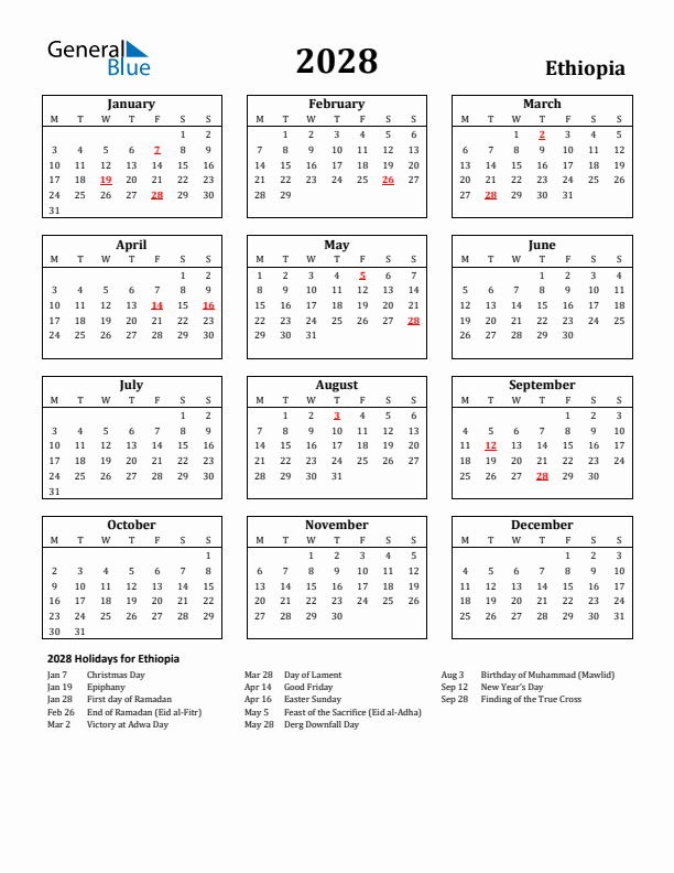 2028 Ethiopia Holiday Calendar - Monday Start