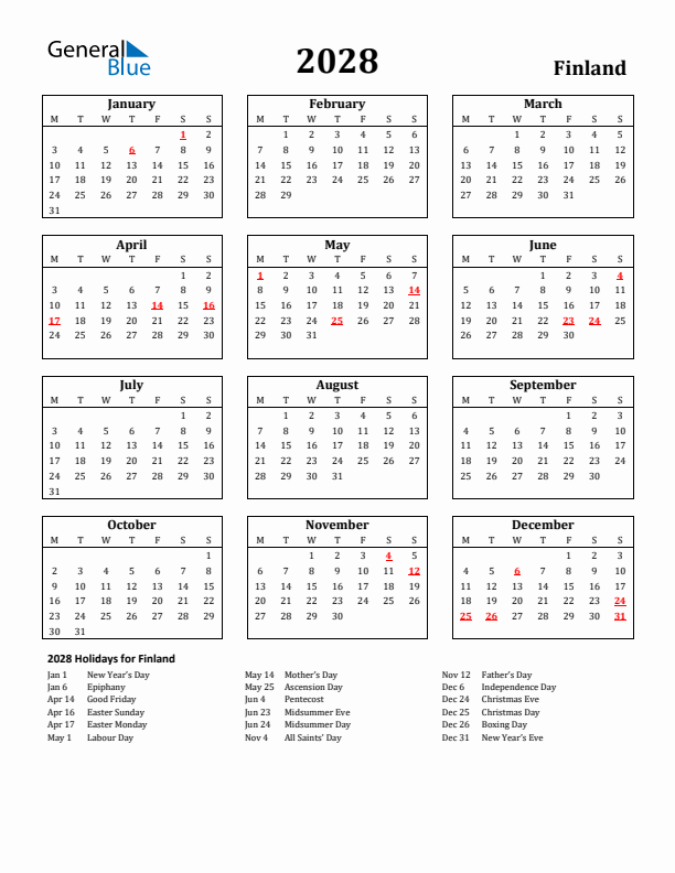 2028 Finland Holiday Calendar - Monday Start
