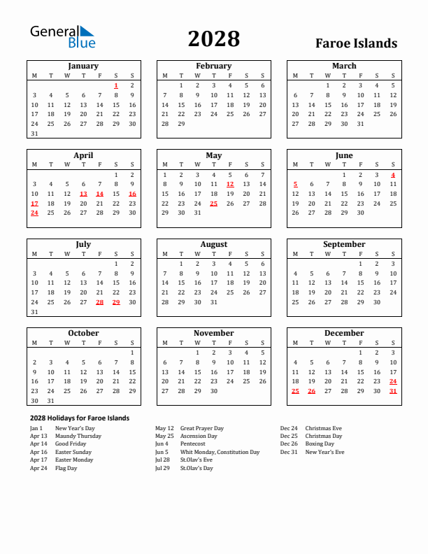 2028 Faroe Islands Holiday Calendar - Monday Start