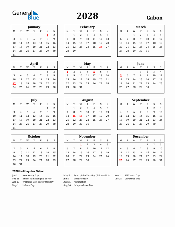 2028 Gabon Holiday Calendar - Monday Start