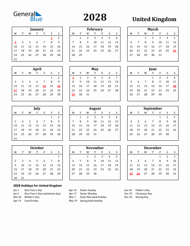 2028 United Kingdom Holiday Calendar - Monday Start