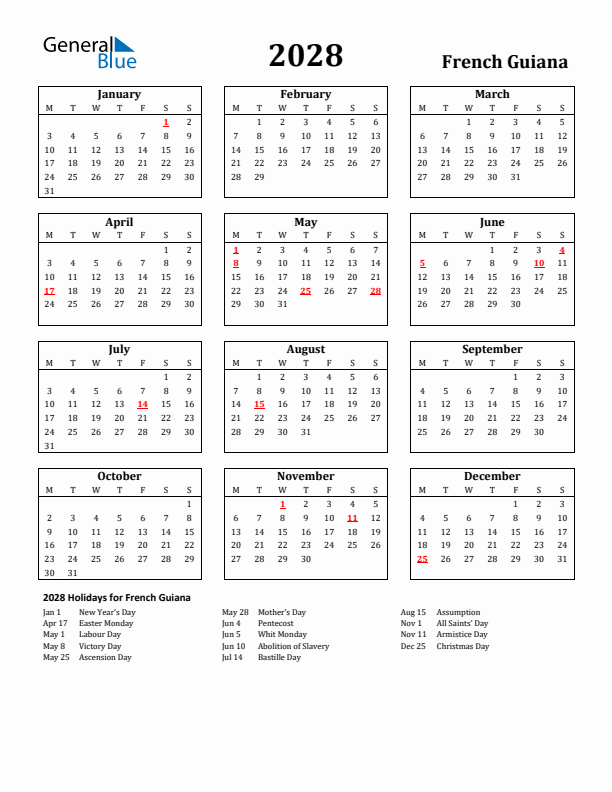 2028 French Guiana Holiday Calendar - Monday Start